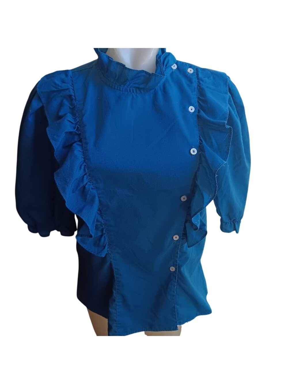 True Vintage Large Top Blue Ruffled Blouse Puff Sleeves Fritzi 3/4 Sleeve 1980s